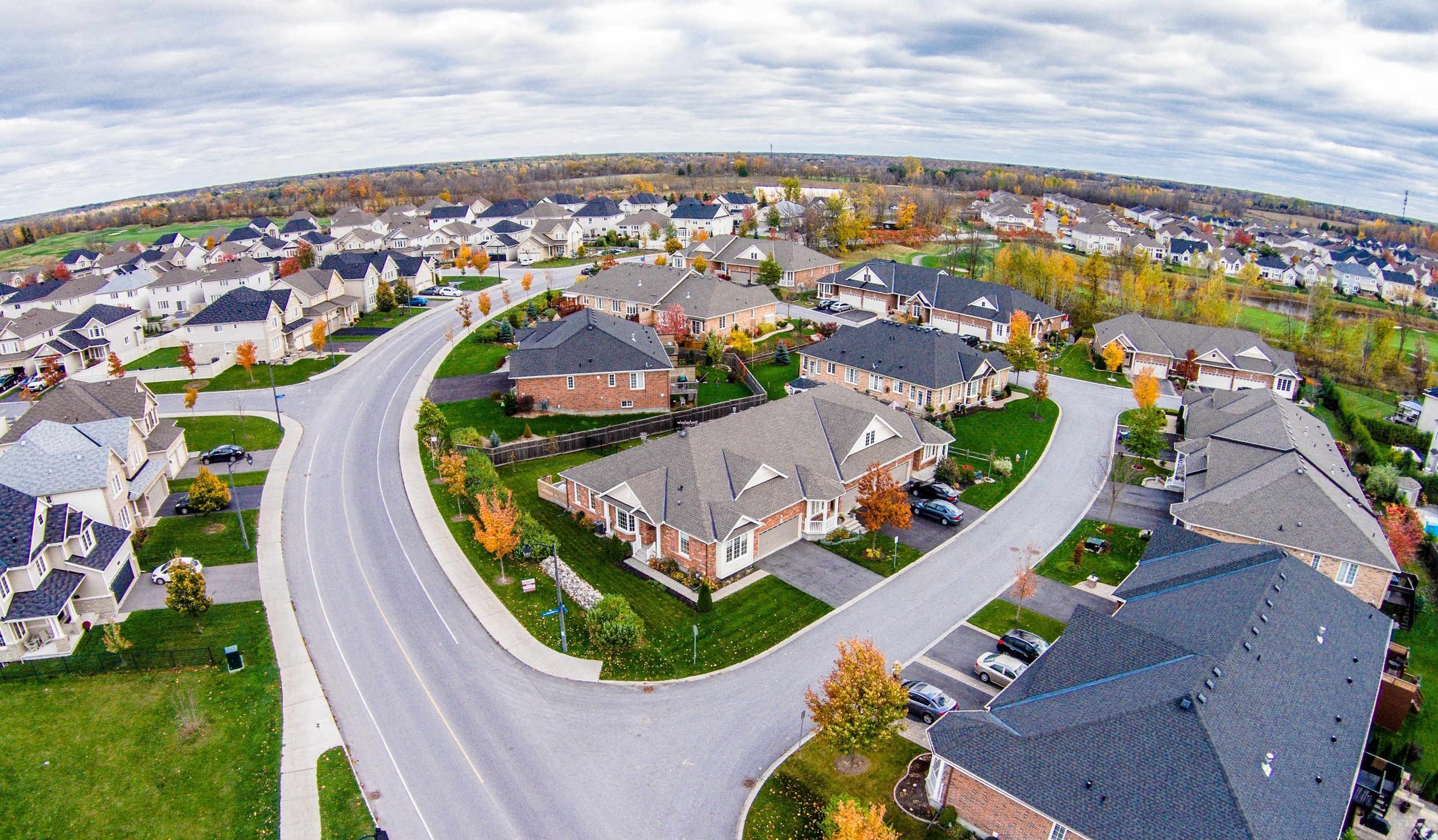 wide angle aerial view of residential subdivision